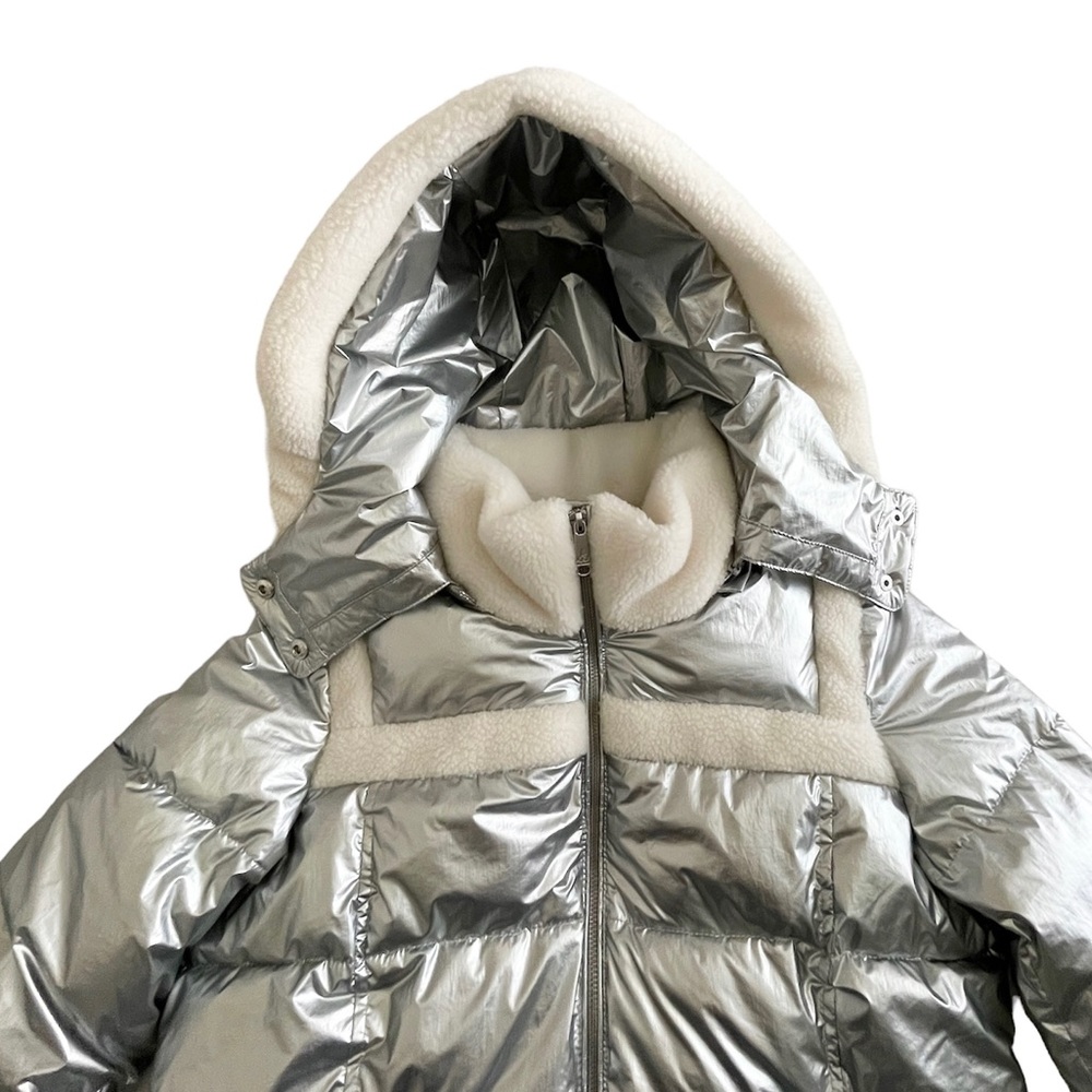 Sam Edelman METALLIC FLEECE TRIM HOODED PUFF COAT IN SILVER NWT - Picture 7 of 14